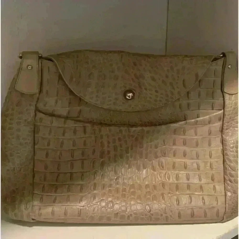Furla Croc Embossed Handbag Satchel Lg Genuine Italian Leather Womens Taupe